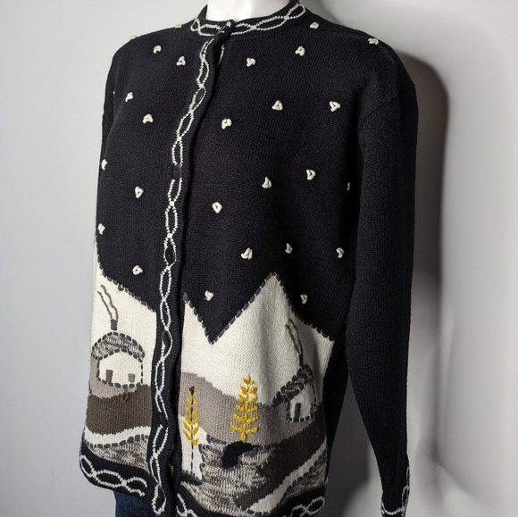 Vintage Joyce Black White Winter Mountain Home Button Up Cardigan Sweater L - Picture 3 of 9